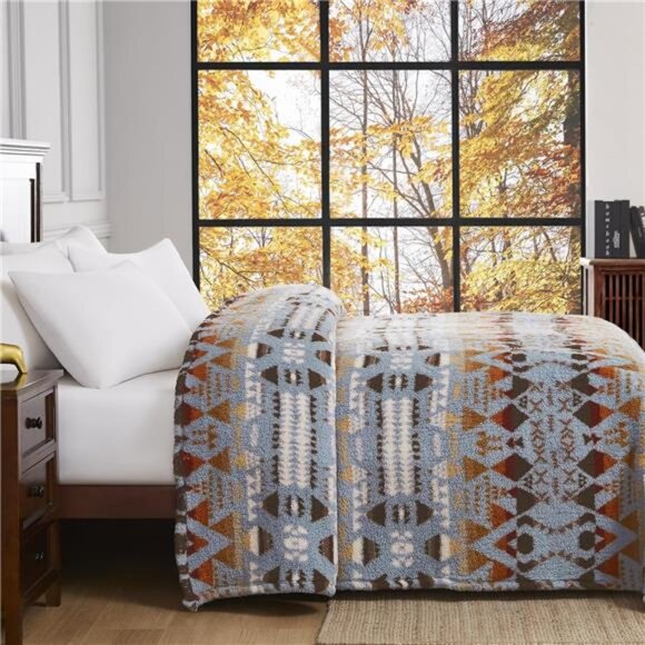 Boho Sherpa Throw Blanket Aztec Blue Grey Ultra Soft Warm Cozy Plush Fleece NEW - Picture 2 of 5